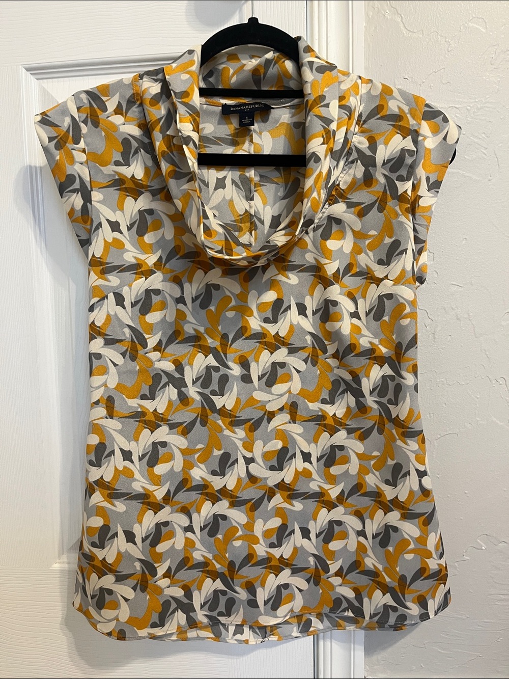 Banana Republic Mustard Gray and White Floral Cowl Neck Top